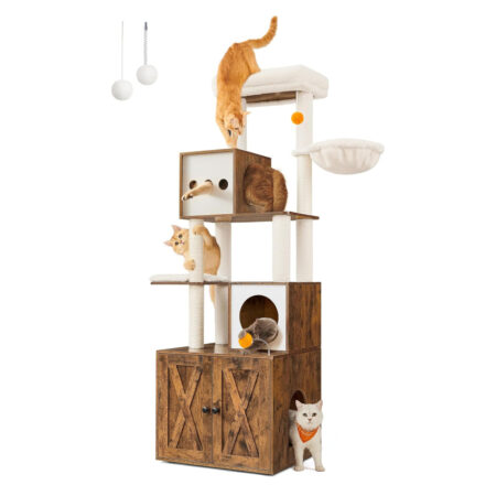 Multifunktionaler Katzenkratzbaum mit integriertem Katzenklo-Schrank, weichen Kissen und robusten Sisalstämmen, ideal für Spiel, Ruhe und Komfort.