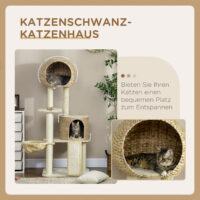 Beiger Kratzbaum mit Katzenhaus aus Rattan, 150cm hoch, eine stilvolle und robuste Kletter- und Kratzgelegenheit.