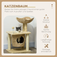 Beiger Katzen-Kratzbaum mit integrierter Katzenhöhle, 74cm hoch, für Katzen bis 5kg, bietet eine kompakte Kratz- und Kuschelmöglichkeit.