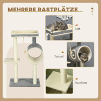 Grauer Kratzbaum mit Katzenhöhle und Spielball, 104cm hoch, ein vielseitiger Spiel- und Rückzugsort.