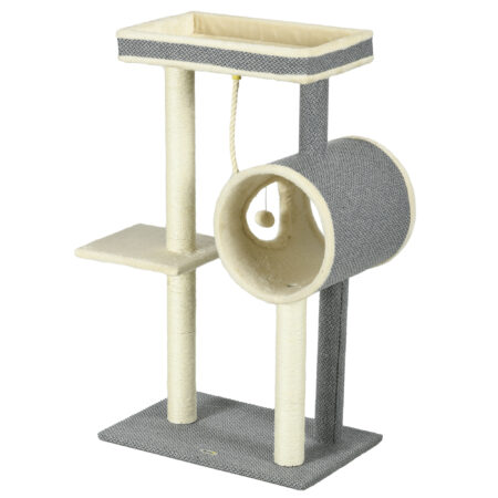Grauer Kratzbaum mit Katzenhöhle und Spielball, 104cm hoch, ein vielseitiger Spiel- und Rückzugsort.