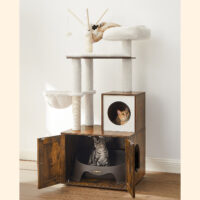 Kratzbaum mit integrierter Katzentoilette, Holz Vintage Braun