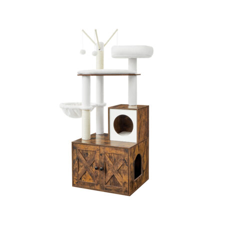 Kratzbaum mit integrierter Katzentoilette, Holz Vintage Braun