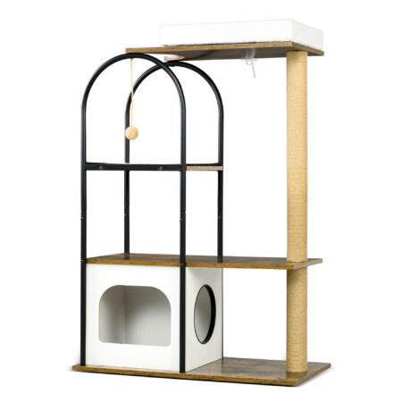 Brauner Kratzbaum mit Kratzmatte, 118.5cm hoch, für Katzen bis 5kg, ein schlankes und funktionales Kratzmöbel.