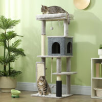 Kratzbaum für Katzen mit Haus Bett und Plattformen hellgrau