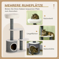 Stabiler Kratzbaum in Grau und Weiss mit drei Plattformen und integrierter Katzenhöhle, bietet Katzen viel Platz zum Klettern und Entspannen.