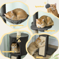 Kratzbaum mit Höhle und Hängematte verstellbar für Katzen grau