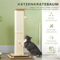Eichenfarbener 3-in-1 Sisal-Kratzstamm mit Spielball, 87cm hoch, kombiniert Kratzfläche und Spielspass.