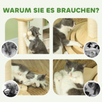 Eichenfarbener 4-in-1 Sisal-Kratzstamm mit Spielball, 69cm hoch, ein vielseitiges Spiel- und Kratzmöbel.