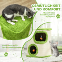 Grün-cremeweisse Kratztonne mit zwei Höhlen und Marienkäfer-Spielzeug, 52cm hoch, ein verspielter Kratz- und Rückzugsort.