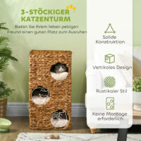 Hellbraune Kratztonne mit drei Höhlen aus Wasserhyazinthe, 76cm hoch, ein robuster und beliebter Kratz- und Versteckplatz.