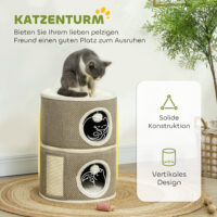 Dunkelgraue Kratztonne mit Höhle aus Sisal, 56cm hoch, für Katzen bis 5kg, bietet ausreichend Platz zum Verstecken.