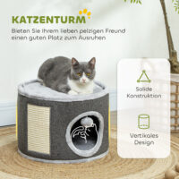 Dunkelgraue Kratztonne mit Höhle aus Sisal, 30cm hoch, für Katzen bis 5kg, ein kleiner, aber feiner Rückzugsort.