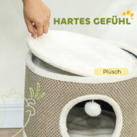 Dunkelgraue Kratztonne mit Höhle aus Sisal, 56cm hoch, für Katzen bis 5kg, bietet ausreichend Platz zum Verstecken.