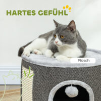 Dunkelgraue Kratztonne mit Höhle aus Sisal, 30cm hoch, für Katzen bis 5kg, ein kleiner, aber feiner Rückzugsort.