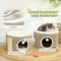 Dunkelgraue Kratztonne mit Höhle aus Sisal, 56cm hoch, für Katzen bis 5kg, bietet ausreichend Platz zum Verstecken.