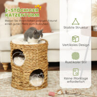 Hellbraune Kratztonne aus Wasserhyazinthe mit zwei Höhlen, 50cm hoch, belastbar bis 35kg, ideal für Katzen zum Kratzen und Verstecken.