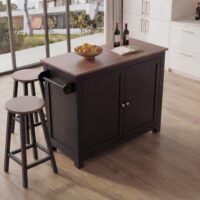 Kücheninsel mit 2 Sitzhockern Schublade Staufächer 90x120x45cm schwarz dunkles Holz