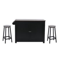 Kücheninsel mit 2 Sitzhockern Schublade Staufächer 90x120x45cm schwarz dunkles Holz