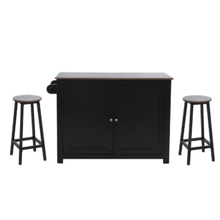 Kücheninsel mit 2 Sitzhockern Schublade Staufächer 90x120x45cm schwarz dunkles Holz