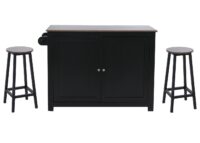 Kücheninsel mit 2 Sitzhockern Schublade Staufächer 90x120x45cm schwarz dunkles Holz