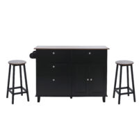 Kücheninsel mit 2 Sitzhockern Schublade Staufächer 90x131x47cm schwarz dunkles Holz