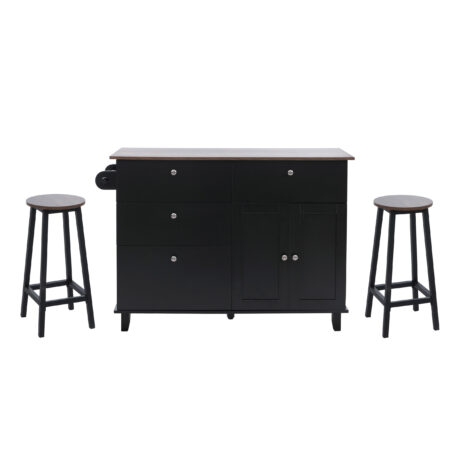 Kücheninsel mit 2 Sitzhockern Schublade Staufächer 90x131x47cm schwarz dunkles Holz