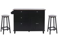 Kücheninsel mit 2 Sitzhockern Schublade Staufächer 90x131x47cm schwarz dunkles Holz