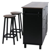 Kücheninsel mit 2 Sitzhockern Schublade Staufächer 90x131x47cm schwarz dunkles Holz