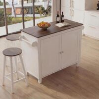 Kücheninsel mit 2 Sitzhockern Schublade Staufächer 90x120x45cm weiss dunkles Holz