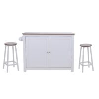 Kücheninsel mit 2 Sitzhockern Schublade Staufächer 90x120x45cm weiss dunkles Holz