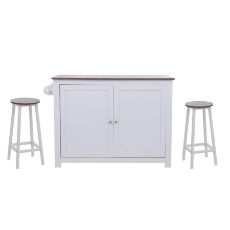 Kücheninsel mit 2 Sitzhockern Schublade Staufächer 90x120x45cm weiss dunkles Holz