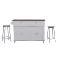 Kücheninsel mit 2 Sitzhockern Schublade Staufächer 90x131x47cm weiss dunkles Holz