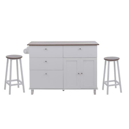 Kücheninsel mit 2 Sitzhockern Schublade Staufächer 90x131x47cm weiss dunkles Holz