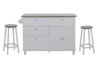 Kücheninsel mit 2 Sitzhockern Schublade Staufächer 90x131x47cm weiss dunkles Holz