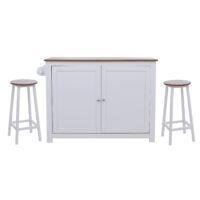 Kücheninsel mit 2 Sitzhockern Schublade Staufächer 90x120x45cm weiss helles Holz