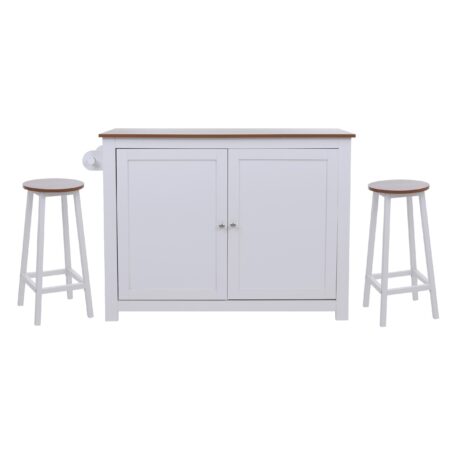 Kücheninsel mit 2 Sitzhockern Schublade Staufächer 90x120x45cm weiss helles Holz