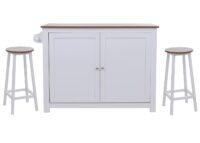 Kücheninsel mit 2 Sitzhockern Schublade Staufächer 90x120x45cm weiss helles Holz