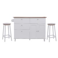 Kücheninsel mit 2 Sitzhockern Schublade Staufächer 90x131x47cm weiss helles Holz