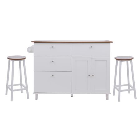 Kücheninsel mit 2 Sitzhockern Schublade Staufächer 90x131x47cm weiss helles Holz