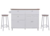 Kücheninsel mit 2 Sitzhockern Schublade Staufächer 90x131x47cm weiss helles Holz