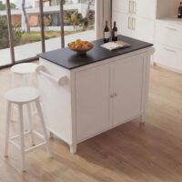 Kücheninsel mit 2 Sitzhockern Schublade Staufächer 90x120x45cm weiss Marmor-Optik