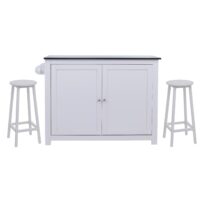 Kücheninsel mit 2 Sitzhockern Schublade Staufächer 90x120x45cm weiss Marmor-Optik