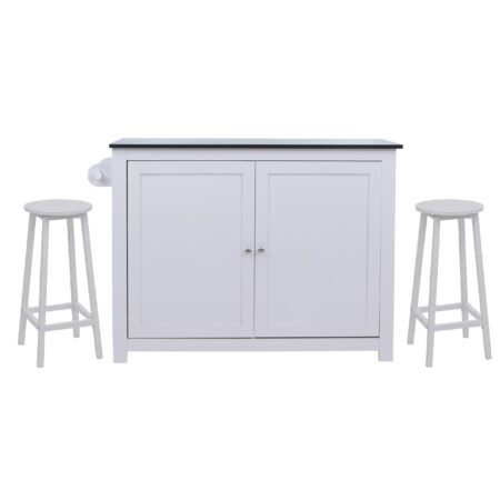 Kücheninsel mit 2 Sitzhockern Schublade Staufächer 90x120x45cm weiss Marmor-Optik