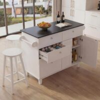 Kücheninsel mit 2 Sitzhockern Schublade Staufächer 90x131x47cm weiss Marmor-Optik