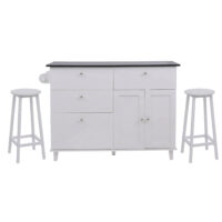 Kücheninsel mit 2 Sitzhockern Schublade Staufächer 90x131x47cm weiss Marmor-Optik