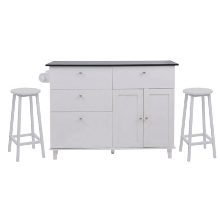 Kücheninsel mit 2 Sitzhockern Schublade Staufächer 90x131x47cm weiss Marmor-Optik