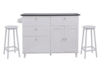 Kücheninsel mit 2 Sitzhockern Schublade Staufächer 90x131x47cm weiss Marmor-Optik
