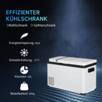 Kühlbox für Auto, 30L, elektrisch mit LCD-Anzeige, Farbe Weiß.