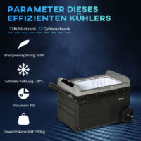 Kühlbox für Auto, 40L, mit LED, tragbar und leistungsstark, Farbe Grau & Schwarz.